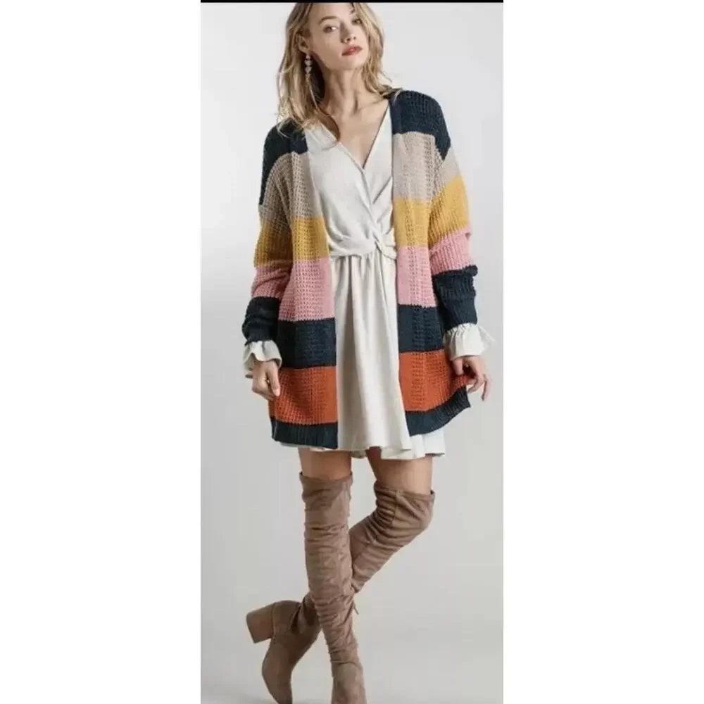 Umgee USA Colorful Striped Long Sleeve Lightweight Loose Knit Open Cardigan XL - Picture 1 of 7